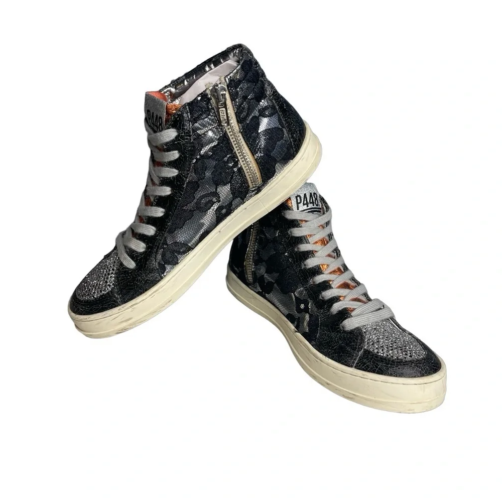 P448 high top sneakers glitter lace metallic Black silver orange  Sz 38 or 7.5/8